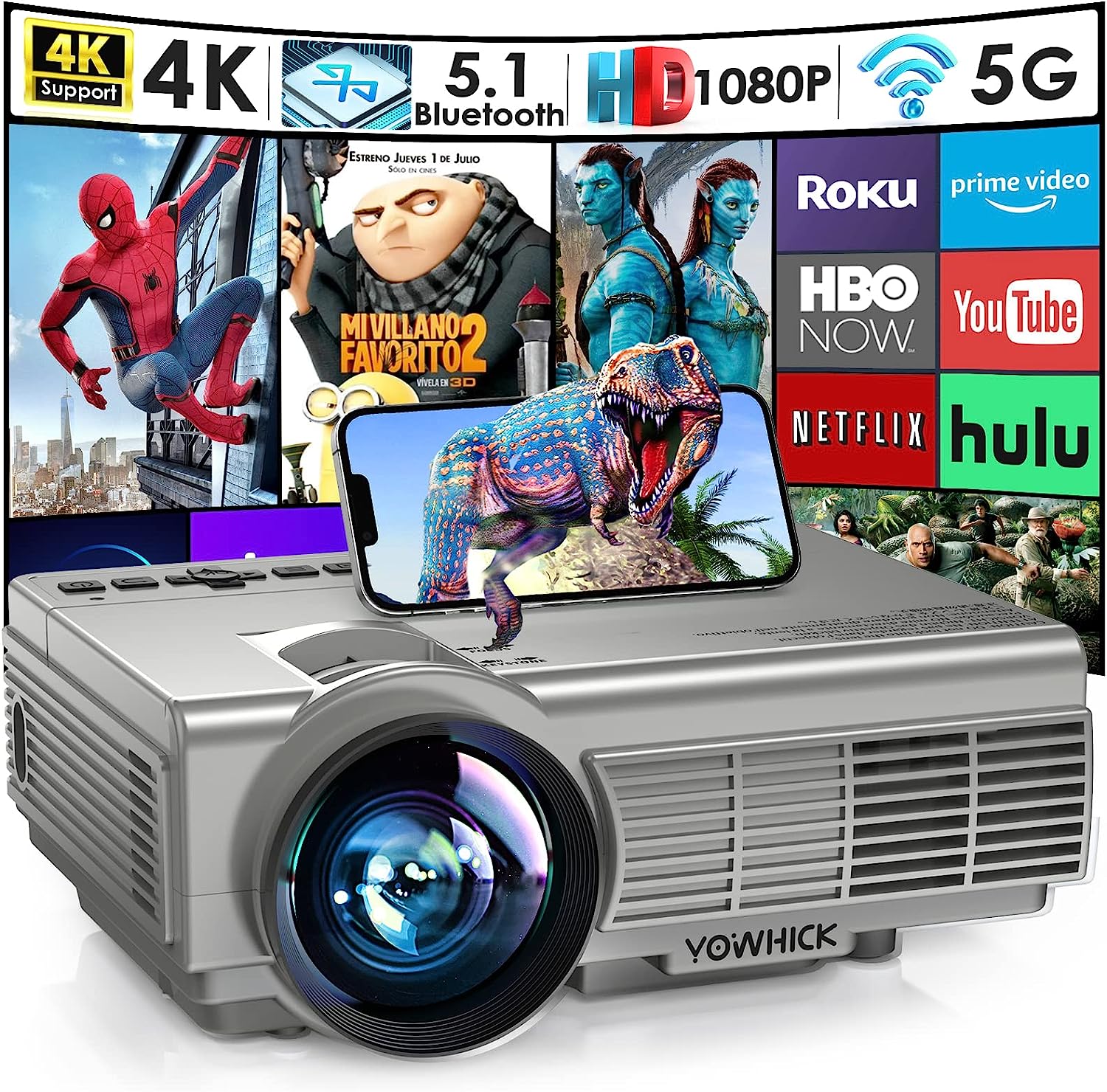 Projector with WiFi and Bluetooth, 5G WiFi Native 1080P YOWHICK DP01 O