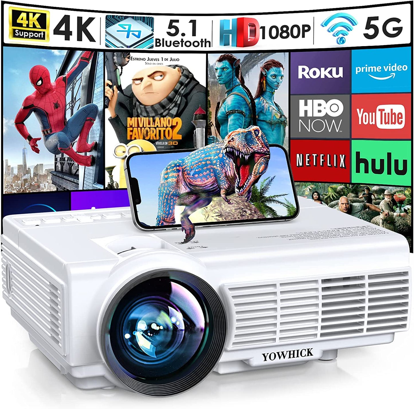 YOWHICK DP01 WiFi Bluetooth Projector and 120" Thickened Screen Bundle - YOWHICK
