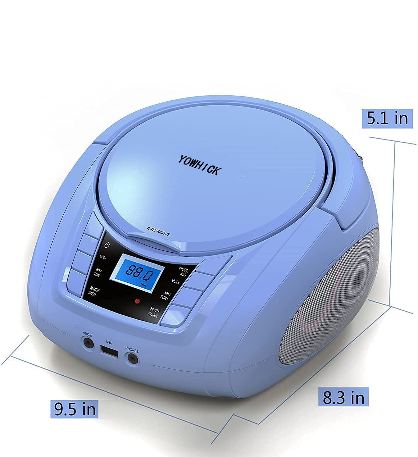 YOWHICK Stereo Portable Top-Loading CD Player Boombox Bluetooth FM Radio with Aux Line-in, LED Display and USB2.0 Input Headphone Jack - YOWHICK