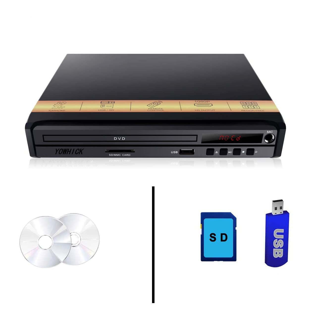 YOWHICK Compact HD DVD Player Support HDMI & AV Output, Play All Regions DVDs, Mic, PAL/NTSC, USB2.0 Input, with Full-Function Remote Controlle - YOWHICK