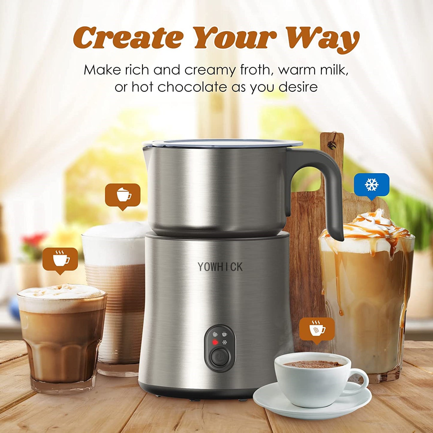 YOWHICK Milk Frother for Coffee, Milk Steamer and Frother, 4 Modes Automatic Electric Milk Warmers and Foam Maker for Lattes, Cappuccinos, Hot Chocolate,Dishwasher Safe and Silent Operation - YOWHICK
