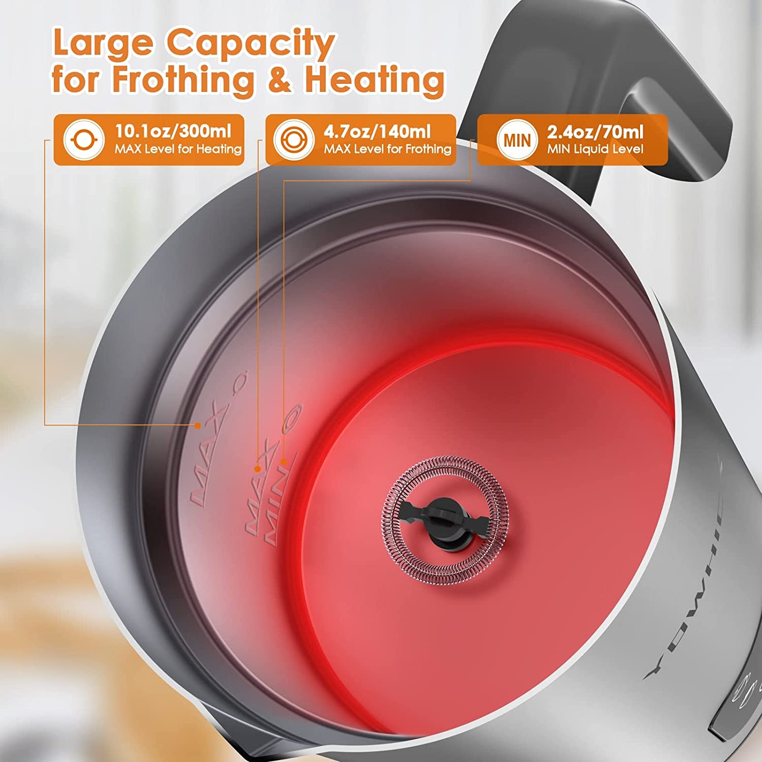 YOWHICK Milk Frother, 4-in-1 Electric Milk Steamer Stainless Steel,10.1oz/300ml Large Capacity, Automatic Hot/Cold Foam Maker and Milk Warmer for Latte, Cappuccinos, Macchiato, Hot Chocolate,120V - YOWHICK