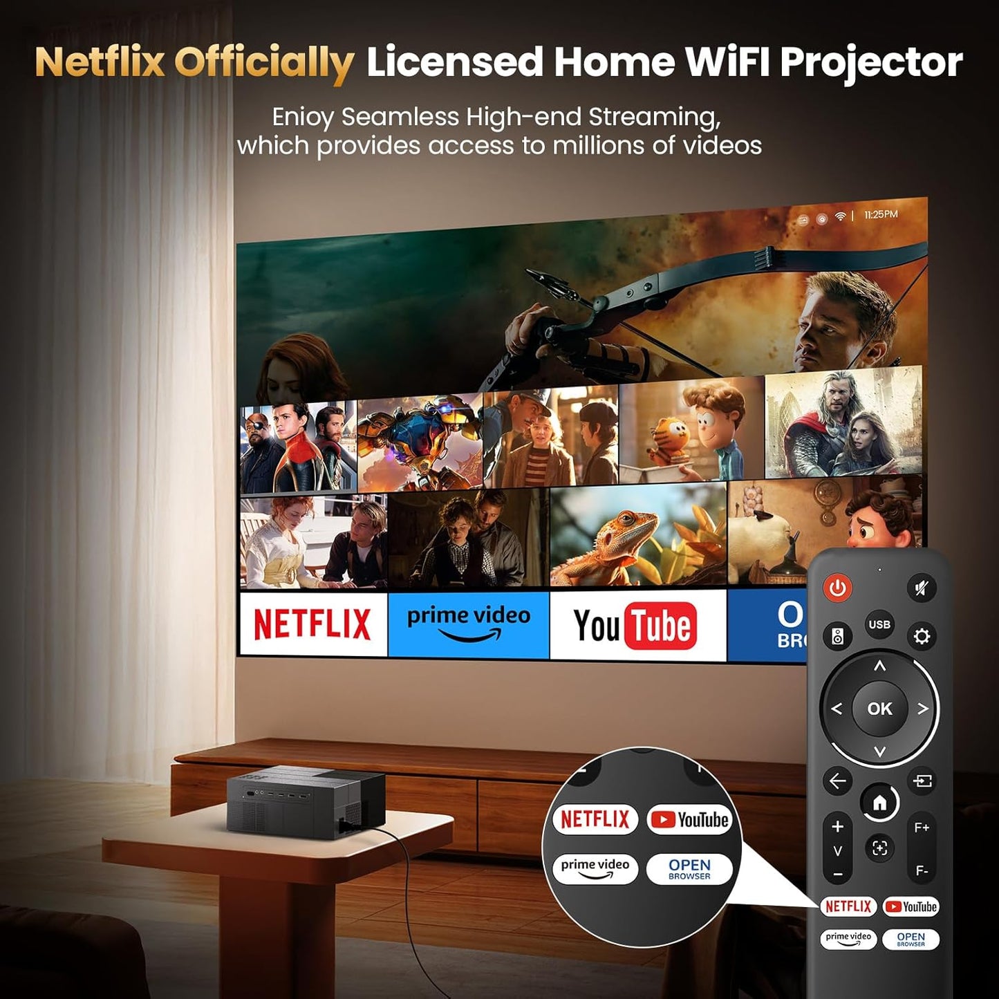 [Netflix Officially/1000 ANSI/Dolby Audio]DP08 Smart Projector with WiFi 6 and Bluetooth 5.3, 4K Outdoor Movie Projector, Electric Focus & AI Auto Keystone Portable Native 1080P Proyector
