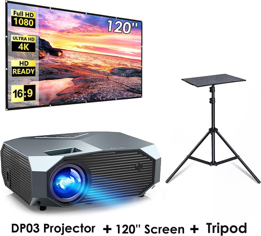 YOWHICK DP03 Projector, 120" Projector Screen and Tripod Stand Bundle - YOWHICK