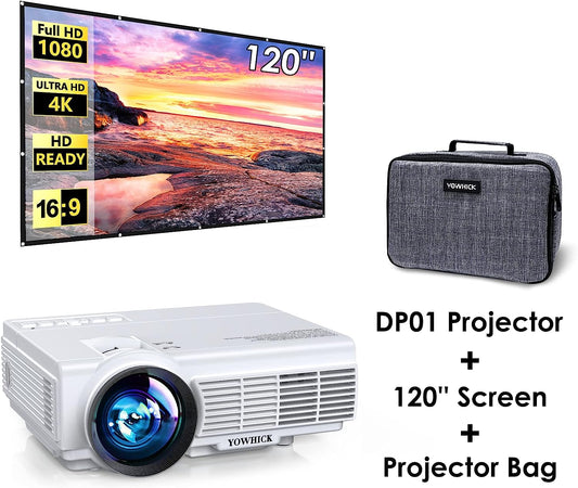 YOWHICK DP01 Projector, 120" Projector Screen and Projector Case Bundle - YOWHICK