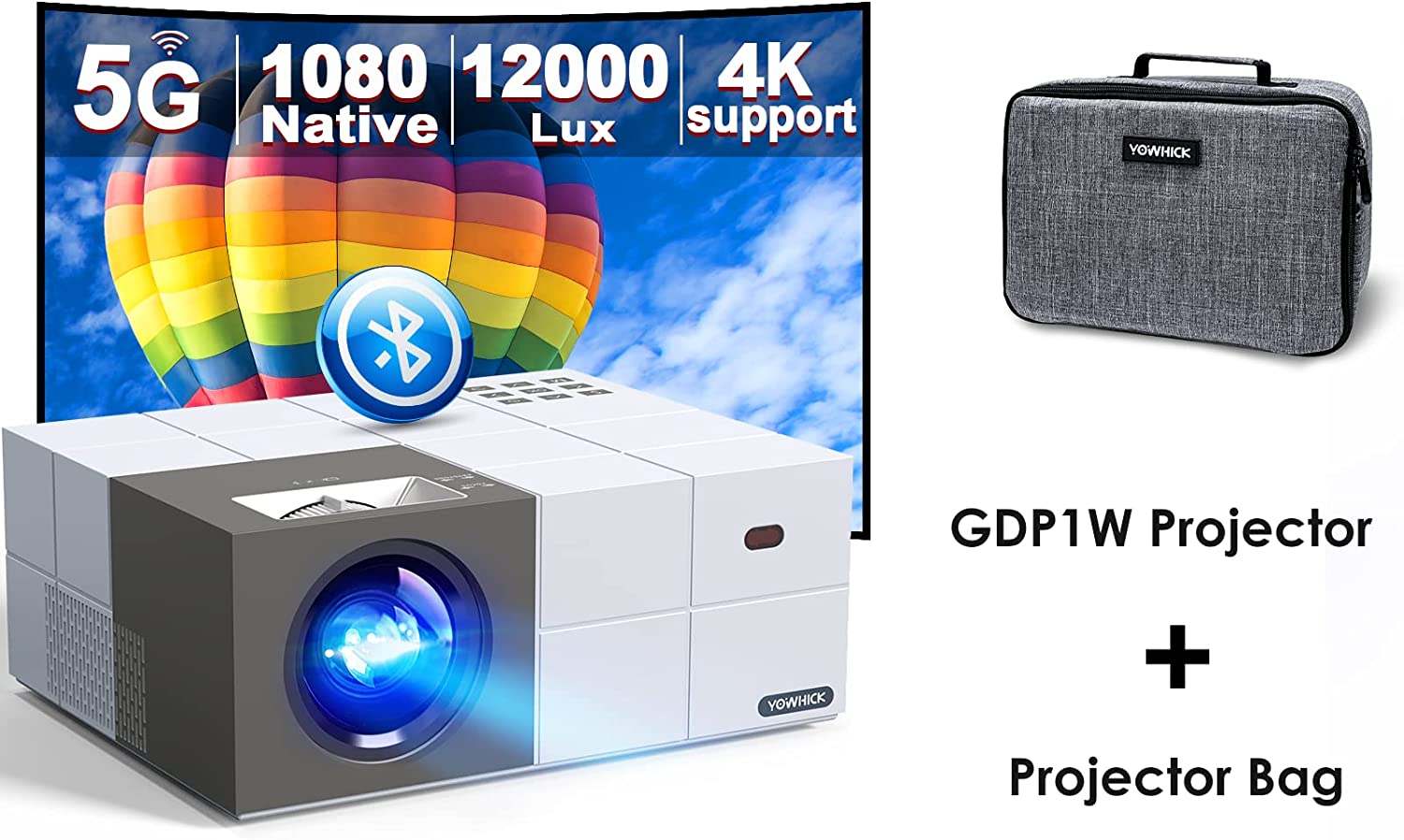 Native 1080P 5G WiFi Bluetooth Projector 4K Support, GDP1W Outdoor Projector White - YOWHICK