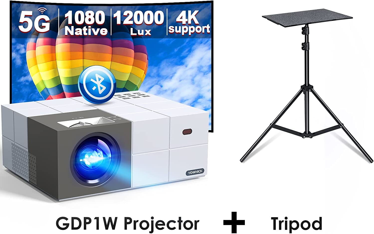 Native 1080P 5G WiFi Bluetooth Projector 4K Support, GDP1W Outdoor  Projector White