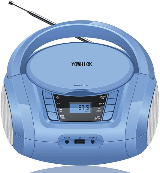 YOWHICK Stereo Portable Top-Loading CD Player Boombox Bluetooth FM Radio with Aux Line-in, LED Display and USB2.0 Input Headphone Jack - YOWHICK