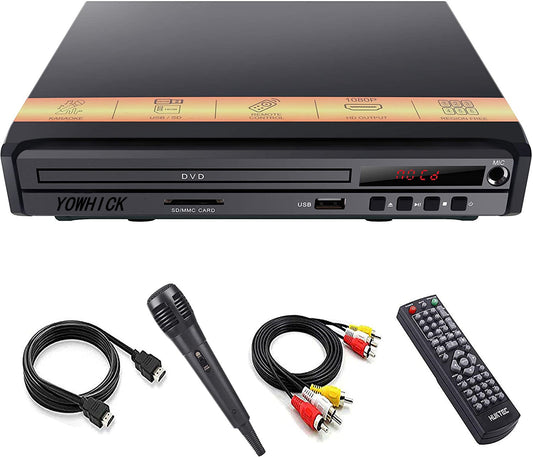 YOWHICK Compact HD DVD Player Support HDMI & AV Output, Play All Regions DVDs, Mic, PAL/NTSC, USB2.0 Input, with Full-Function Remote Controlle - YOWHICK