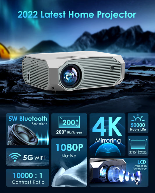 Projector with 5G WiFi & Bluetooth, YOWHICK 10000L Full HD 1080P Outdoor Portable Video Projector Support 4K, Home Theater Movie Projector Compatible with HDMI, VGA, USB, Laptop, iOS & Android Phone, White - YOWHICK