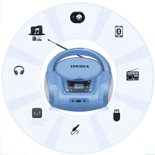 YOWHICK Stereo Portable Top-Loading CD Player Boombox Bluetooth FM Radio with Aux Line-in, LED Display and USB2.0 Input Headphone Jack - YOWHICK