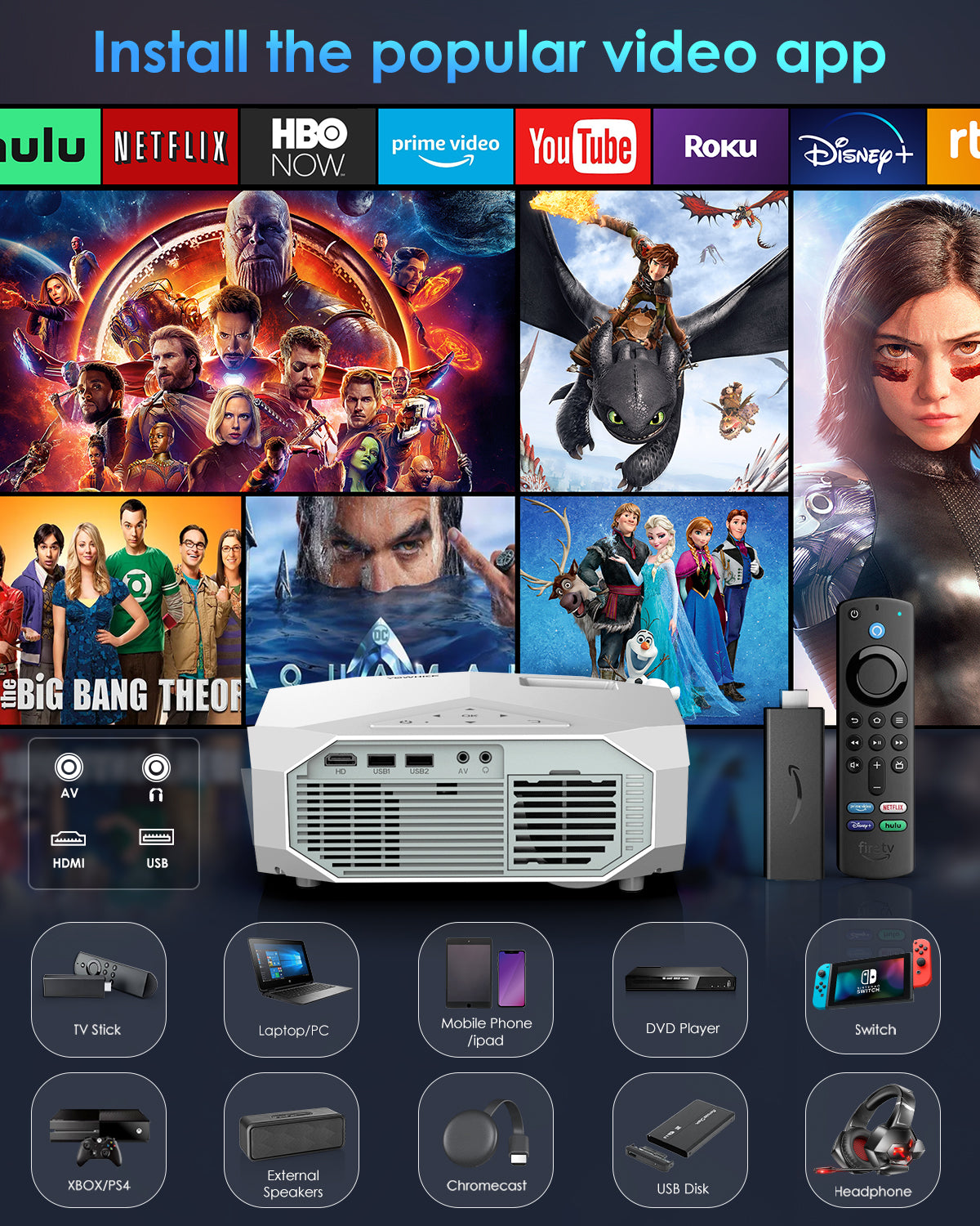 Projector with 5G WiFi & Bluetooth, YOWHICK DP03 Full HD 1080P Outdoor