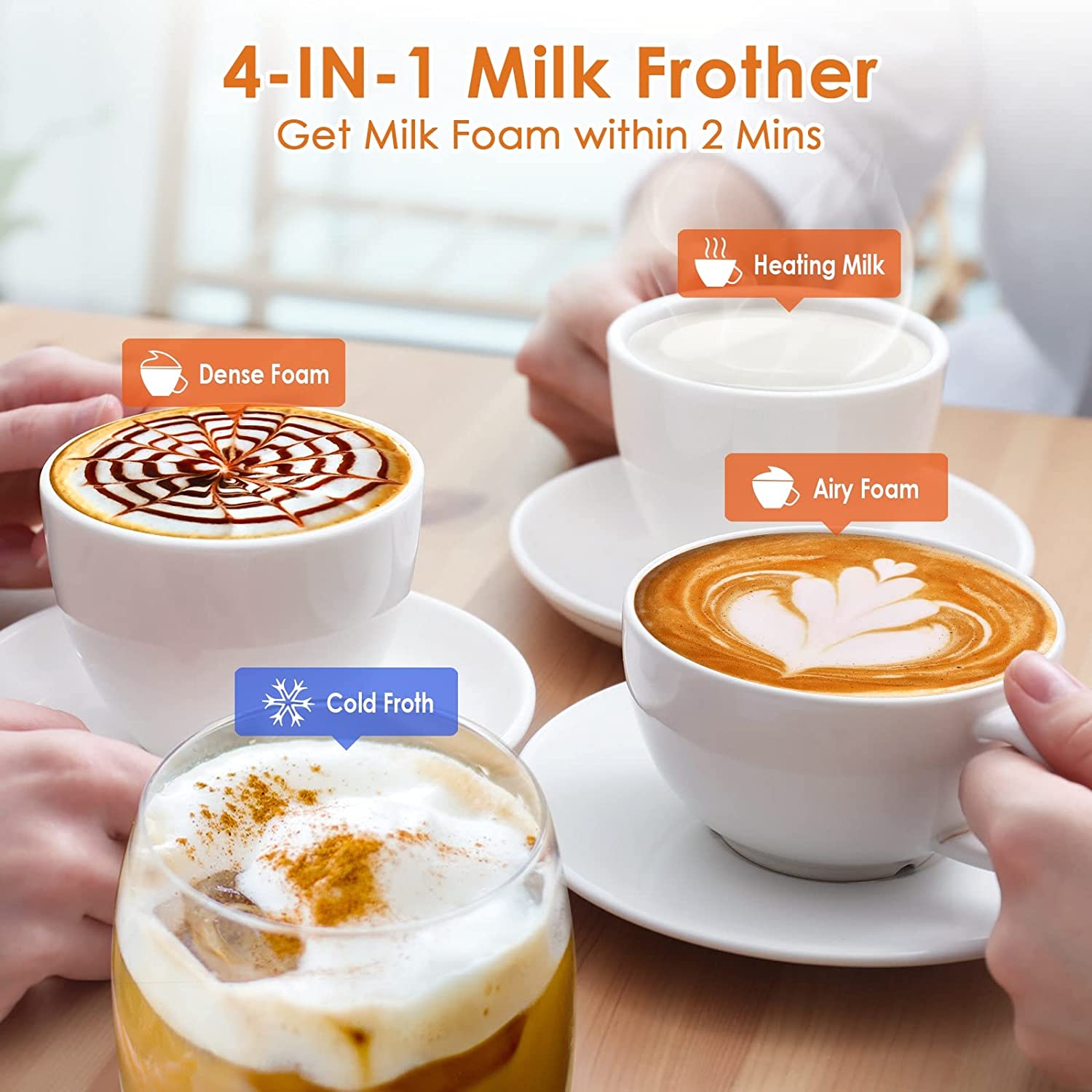  Milk Frother, 4-in-1 Electric Milk Steamer, 10.1oz