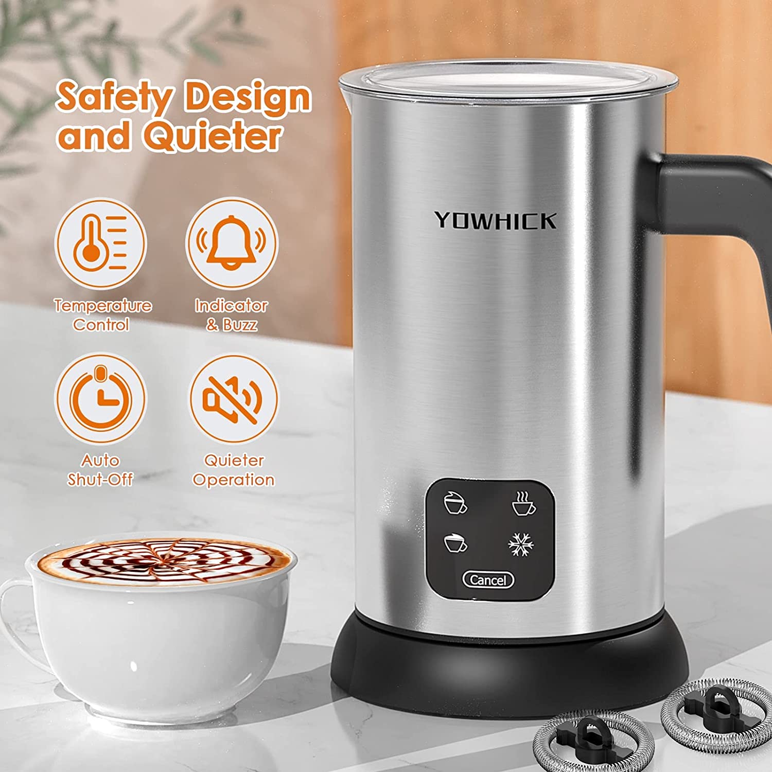 YOWHICK Milk Frother, 4-in-1 Electric Milk Steamer Stainless Steel,10.1oz/300ml Large Capacity, Automatic Hot/Cold Foam Maker and Milk Warmer for Latte, Cappuccinos, Macchiato, Hot Chocolate,120V - YOWHICK